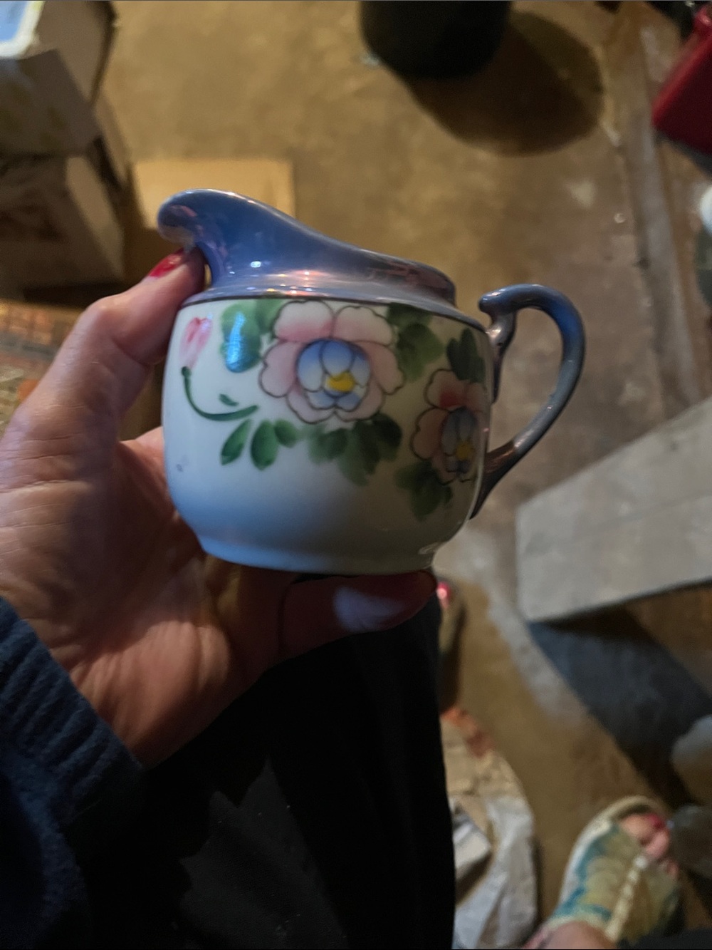 Vintage Hand-Painted Floral Porcelain Creamer in Pastel Blue